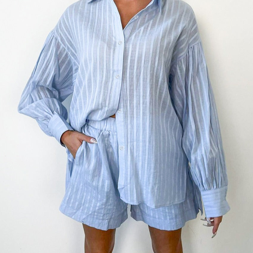 Women's Lightweight Short-Sleeve Blouse Set with Waistband and Striped Design