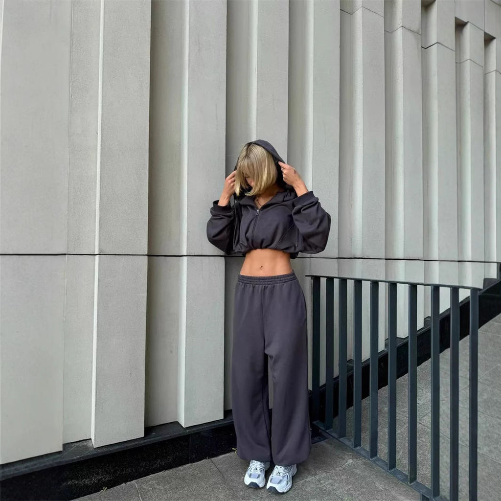 Women's Cropped Zip-Hoodie and High-Waisted Sweatpants Lounge Set
