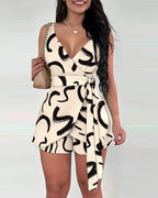 Women's Casual Wrap Jumpsuit with Pattern and Waist Belt