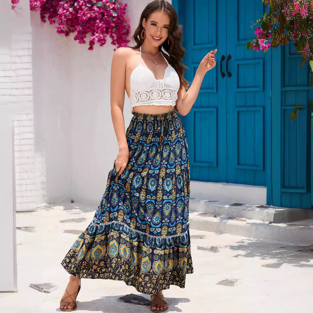 Women's Maxi Skirt with Playful Paisley Pattern and Ruffle Details