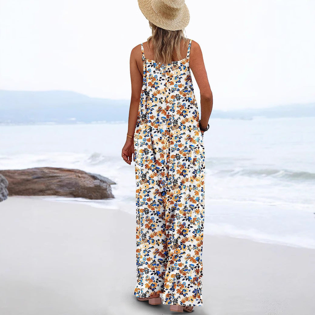 Casual Women's Jumpsuit with Floral Patterns and Pockets
