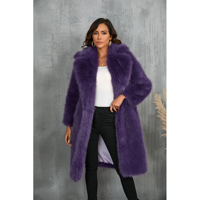 Women's Elegant Faux Fur Coat with Wide Lapel and Loose Fit