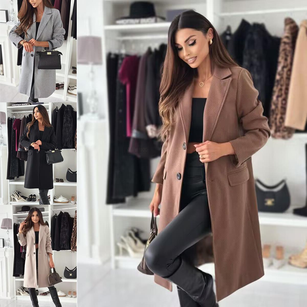 Women's Classic Oversized Coat with Lapel Collar and Pockets