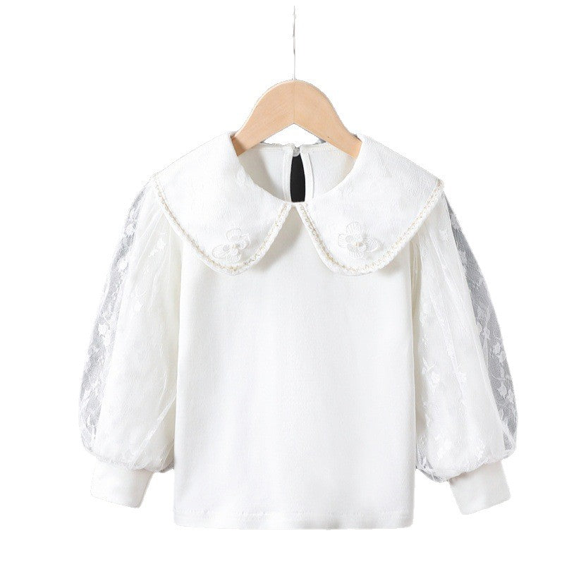 Women's Blouse with Decorative Floral Appliqués and Sheer Puff Sleeves