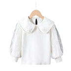 Women's Blouse with Decorative Floral Appliqués and Sheer Puff Sleeves