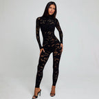 Women's Form-Fitting Mesh Jumpsuit with Long Sleeves and High Neck