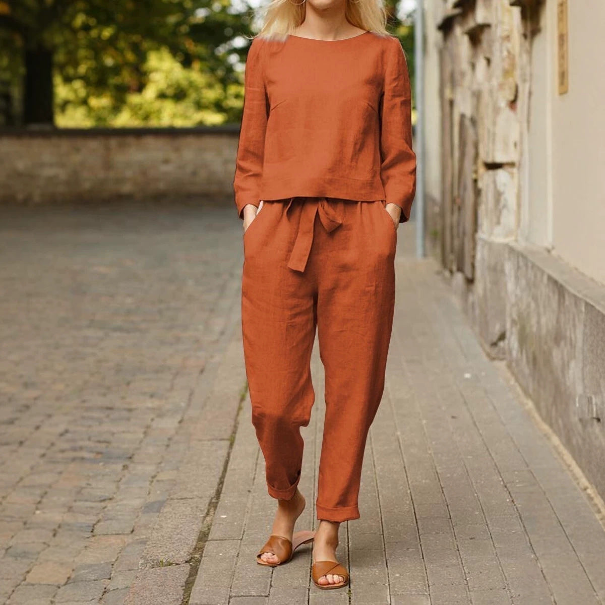 Women's Casual Linen Loungewear Set with Round Neck and Tie Belt