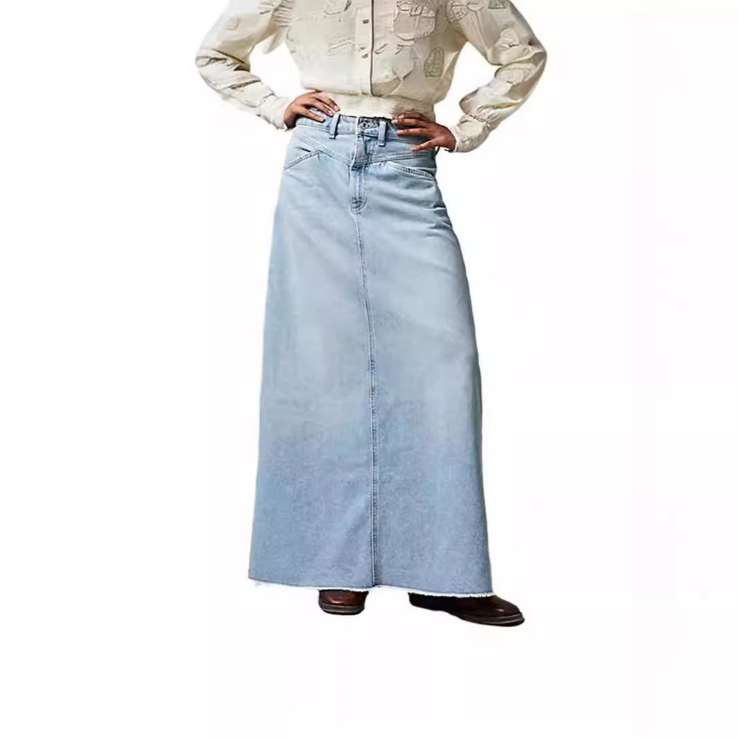 Women's Black Denim Maxi Skirt with Side Pockets and Casual Cut