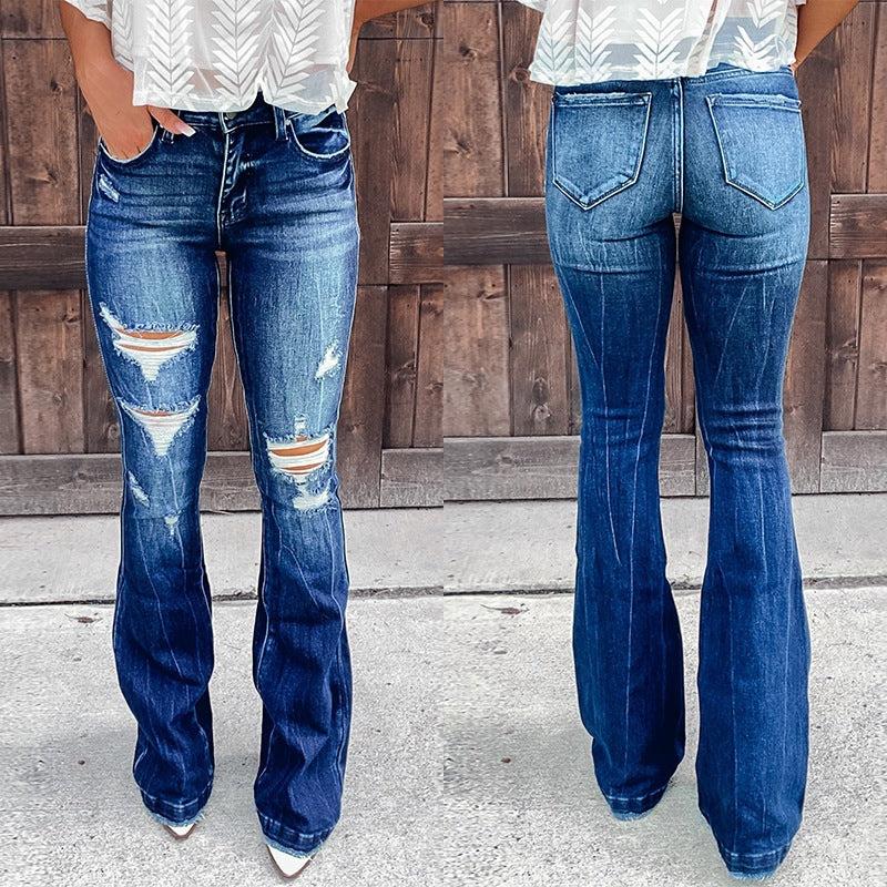 Women's Flared Jeans with Distressed Details and High Waist