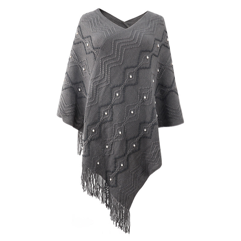 Women's Elegant Poncho with Textured Pattern and Decorative Fringe