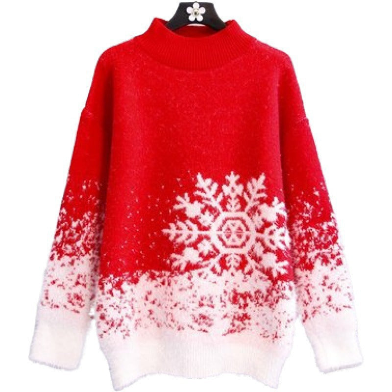 Women's Cozy Knit Sweater with Winter Snowflake Motif
