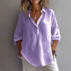 Women's Casual Linen Shirt with Button Placket and Wide Sleeves