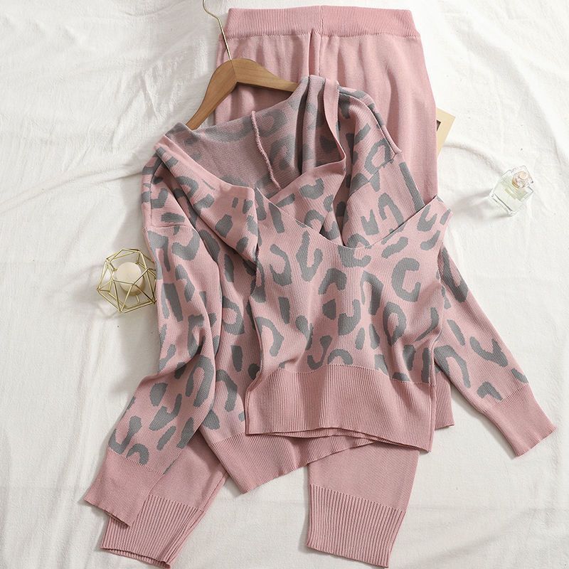 Women's Cozy Knit Loungewear Set with Leopard Print