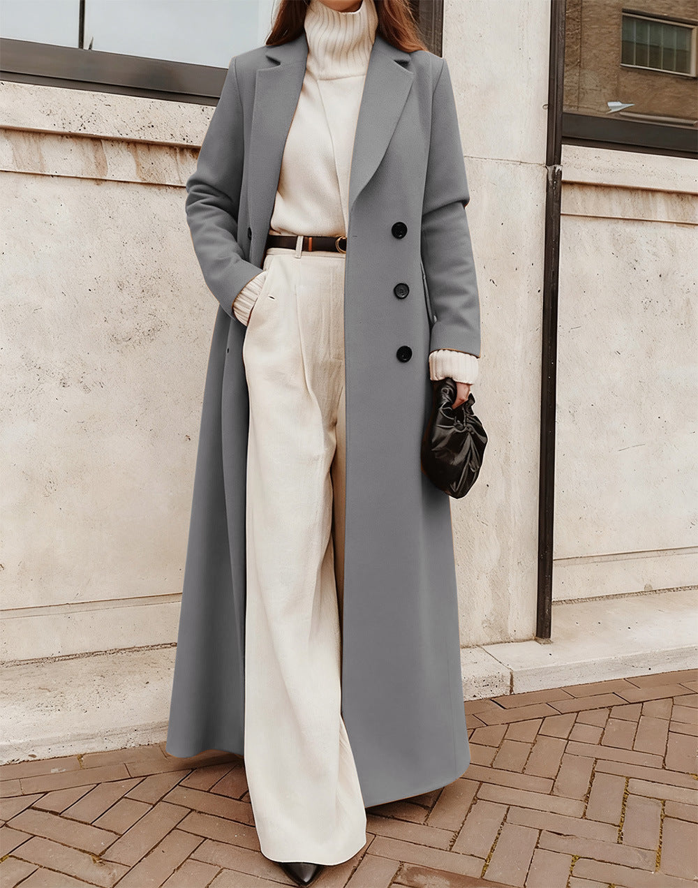Elegant Women's Double-Breasted Coat with Deep Pockets