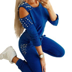 Women's Cold-Shoulder Pearl-Embellished Tracksuit Set