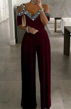Elegant Women's Jumpsuit with Off-Shoulder Cut & Glittering Neckline