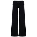 Women's Flowy Palazzo Trousers with High Waist and Decorative Eyelets