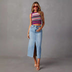 Women's Casual Denim Skirt with Side Slit and Frayed Hem