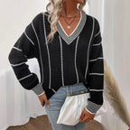 Women's Chunky Knit Sweater with V-Neck and Striped Pattern