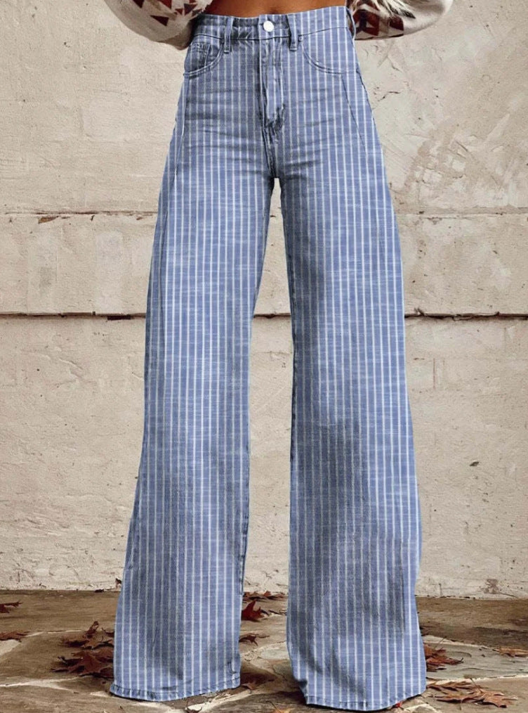 Women's High-Waisted Wide-Leg Jeans with Modern Stripe Detail