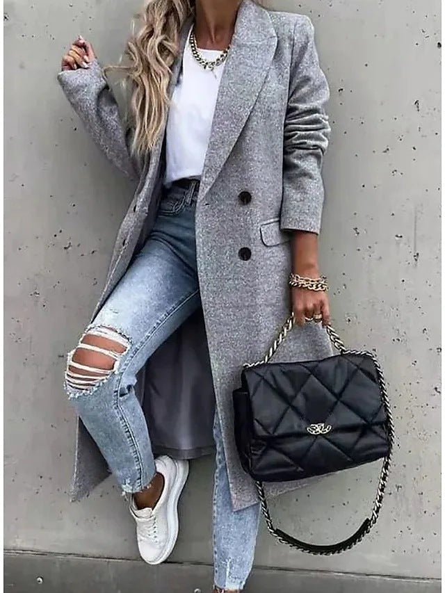 Women's Floral Print Maxi Coat with Elegant Lapel Collar and Flared Hem