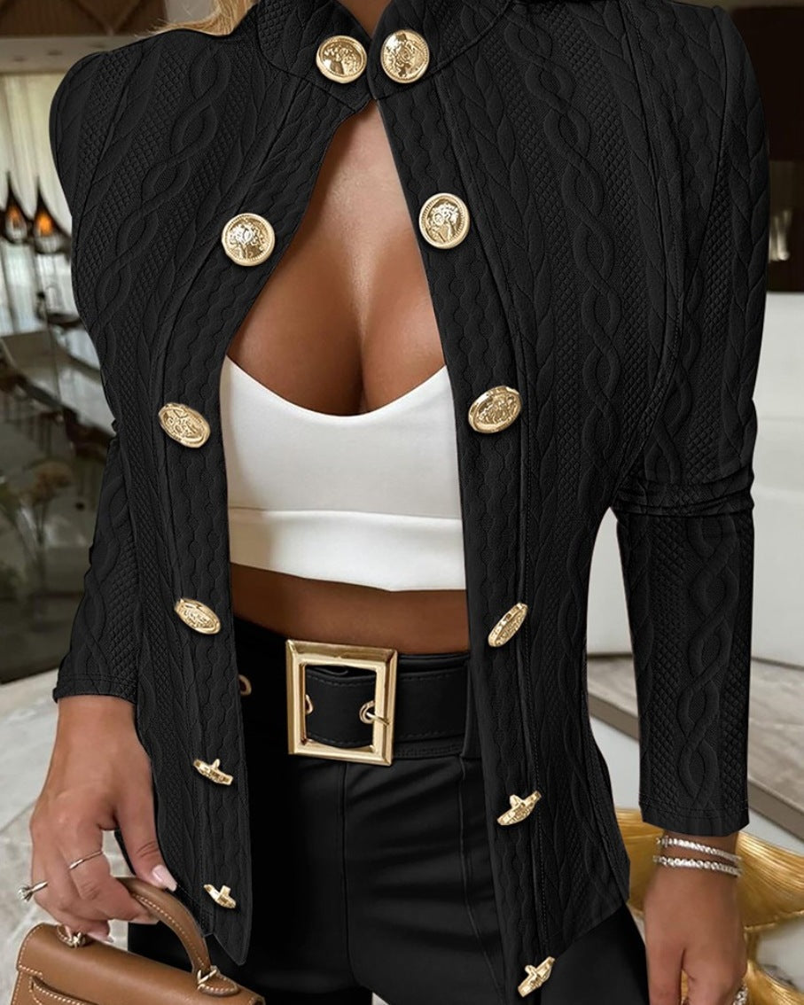 Elegant Women's Knit Blazer with Gold Buttons