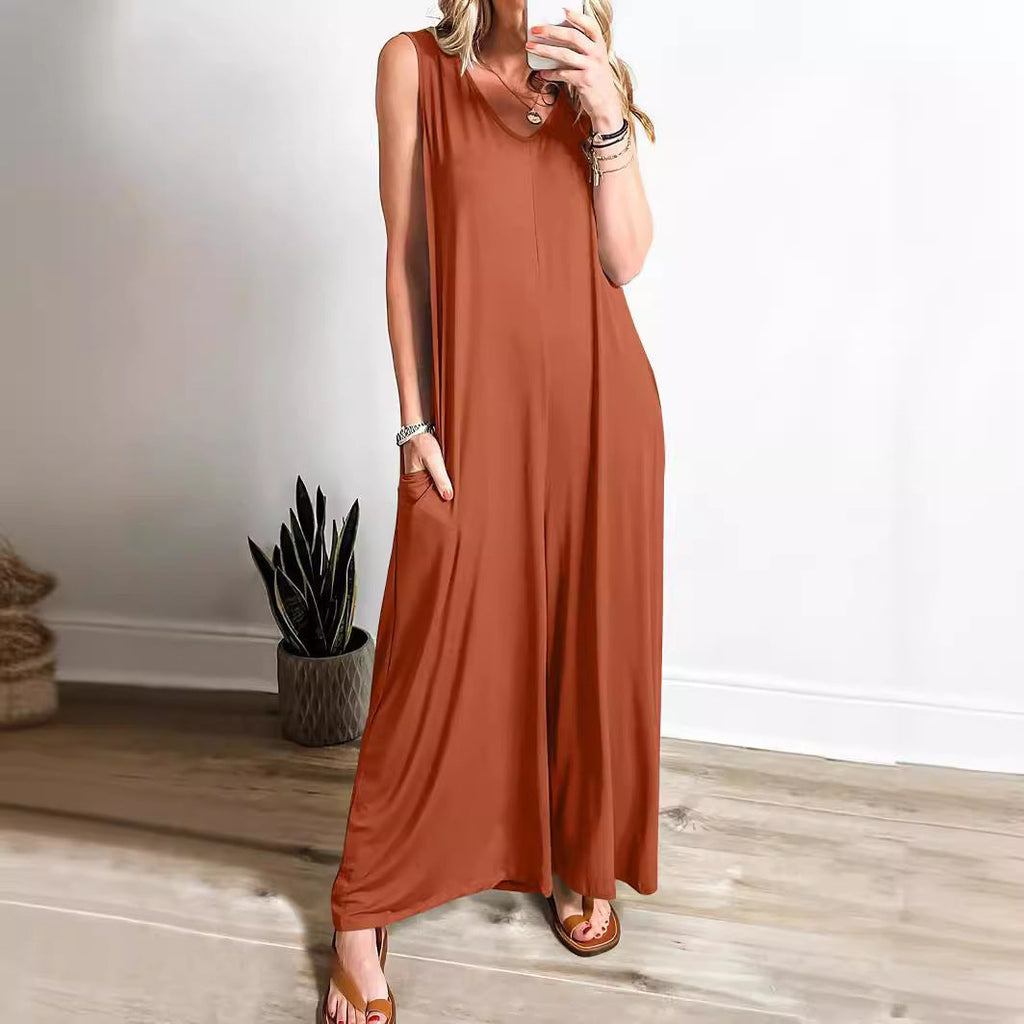 Women's Loose Jumpsuit with Deep V-Neck and Side Pockets