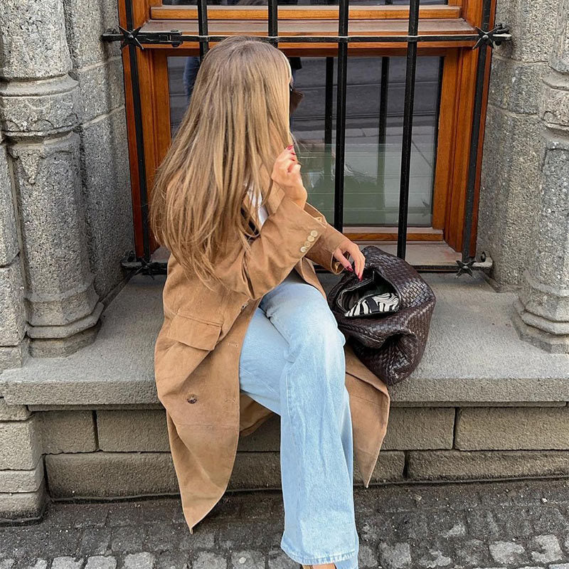 Women's Elegant Double-Breasted Suede Trench Coat