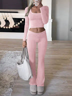 Women's Casual Long-Sleeve Lounge Set with Flared Pants