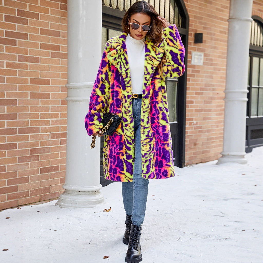 Women's Fluffy Faux Fur Coat in Vibrant Pattern