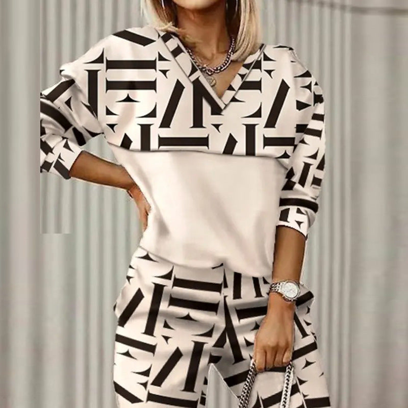 Women's Two-Piece Set with Printed Top and Tailored Trousers