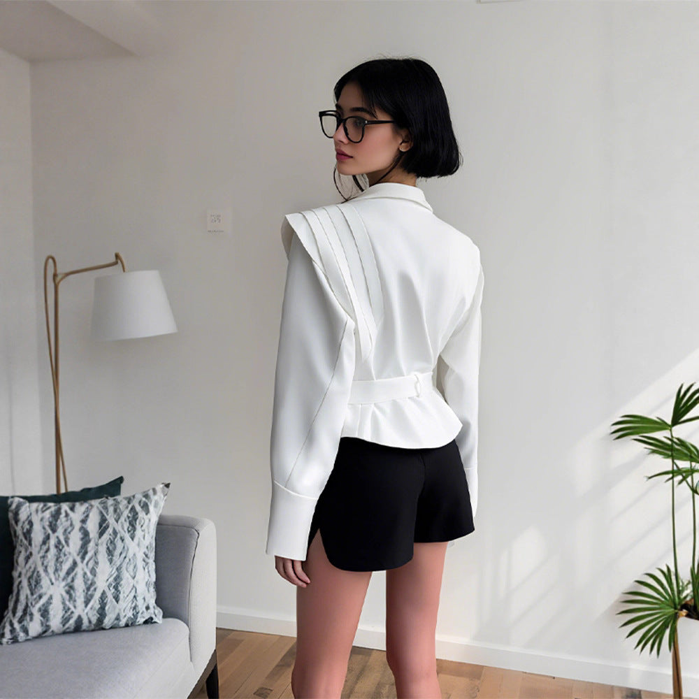 Women's Couture Blazer with Elegant Collar and Waist Belt