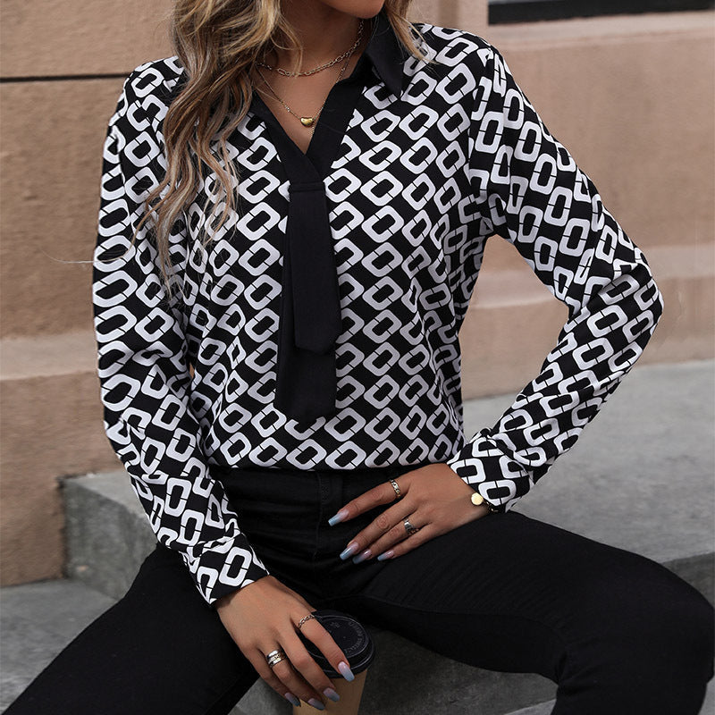 Women's Elegant Blouse with Modern Graphic Pattern and Tie Closure
