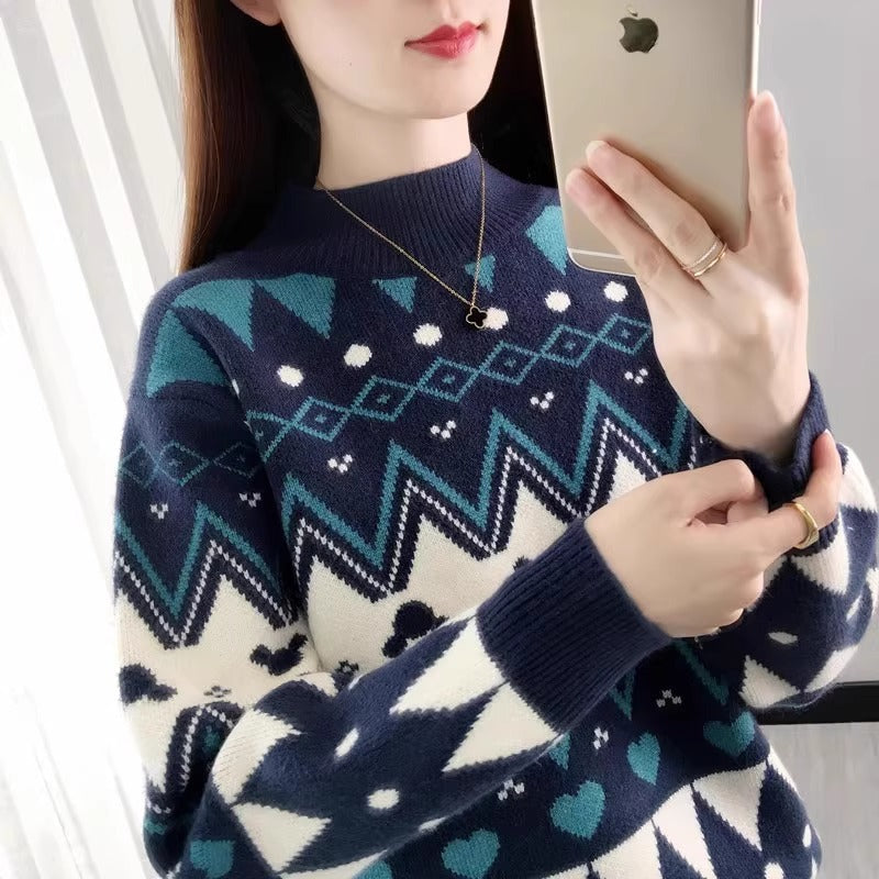 Women's Festive Knit Sweater in Modern Holiday Design with Geometric Pattern