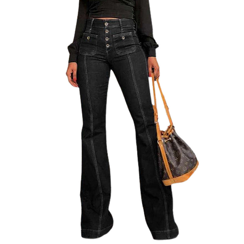 Women's High-Waisted Bootcut Jeans with Button Details