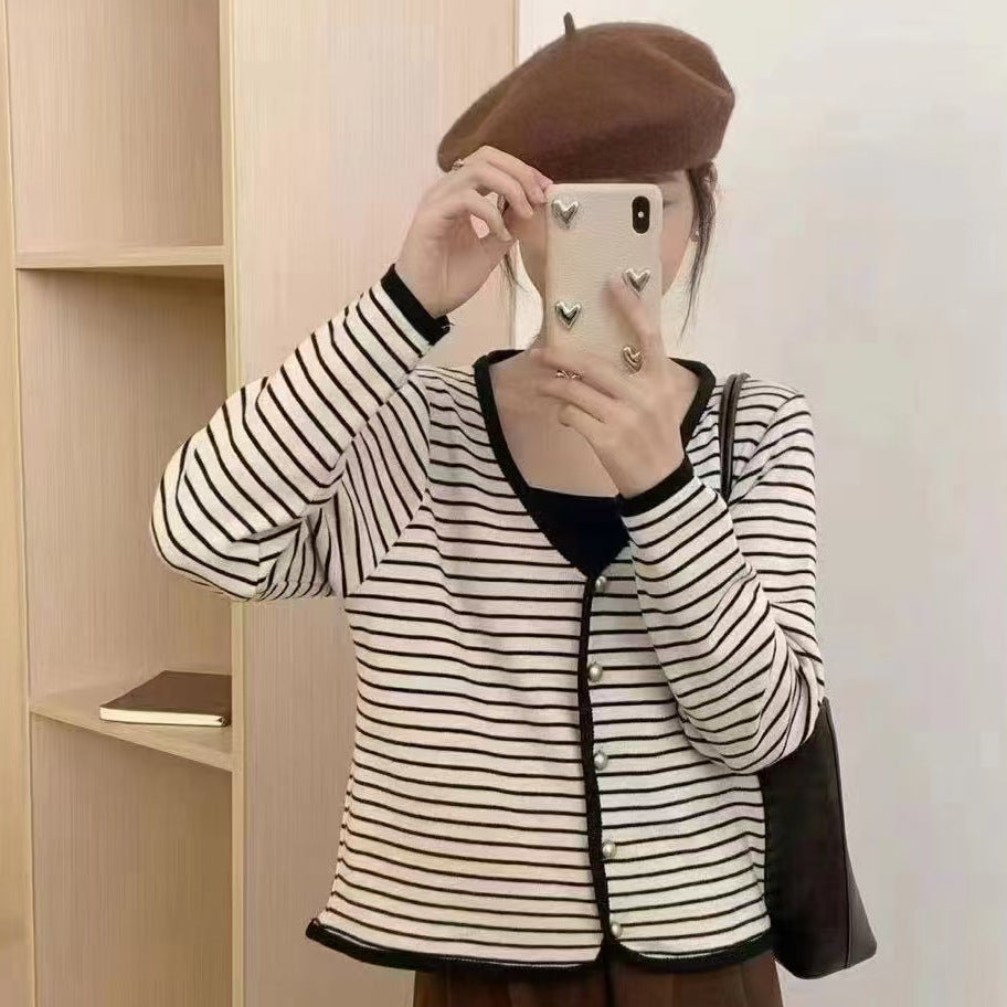 Women's Striped Cardigan with Buttons and V-Neck