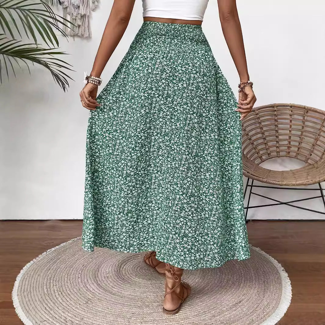 Women's Maxi Skirt with Elastic Waist and Floral Design