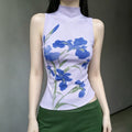 Women's Sleeveless Floral Print Top with Stand-Up Collar