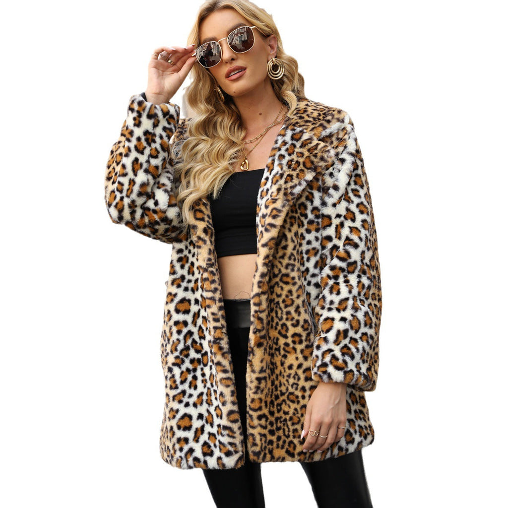 Women's Elegant Leopard Print Faux Fur Jacket