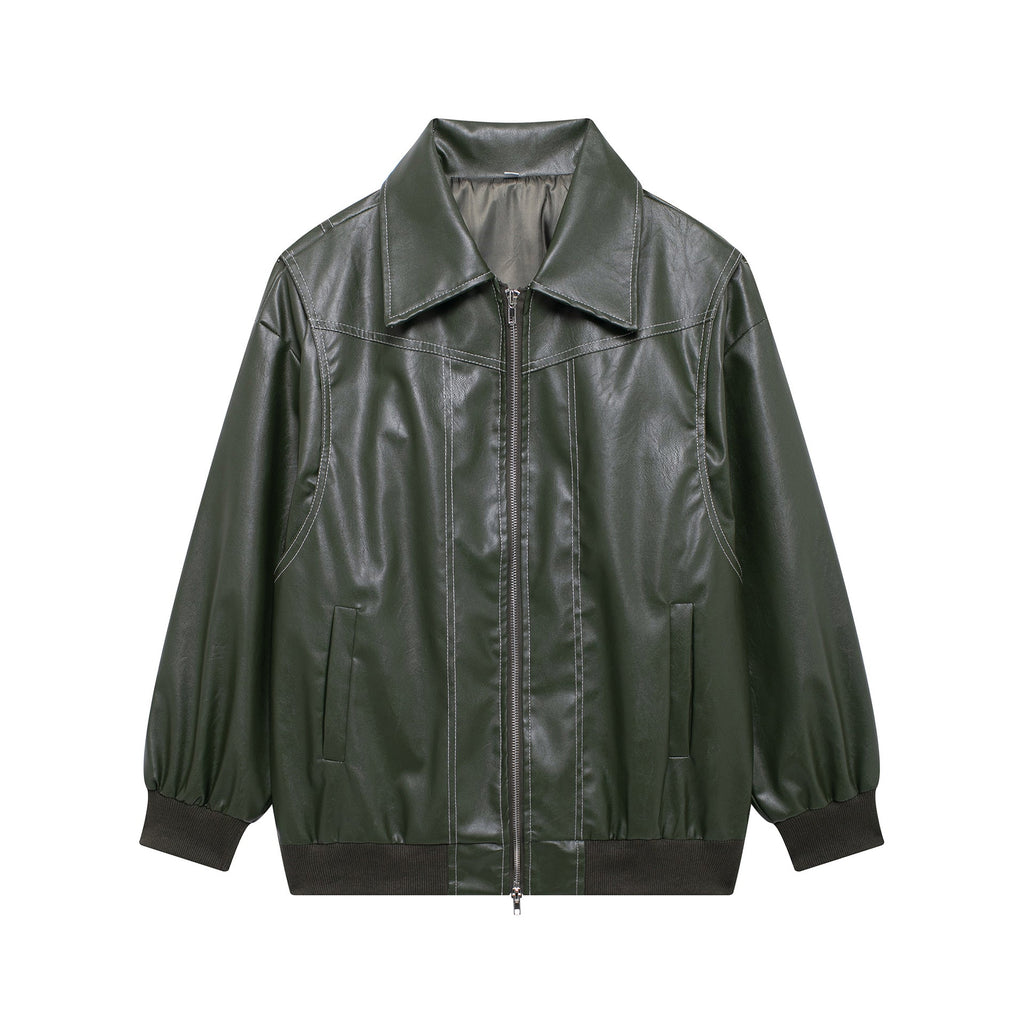 Women's Elegant Faux Leather Jacket with High Collar and Elastic Cuffs