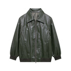 Women's Elegant Faux Leather Jacket with High Collar and Elastic Cuffs