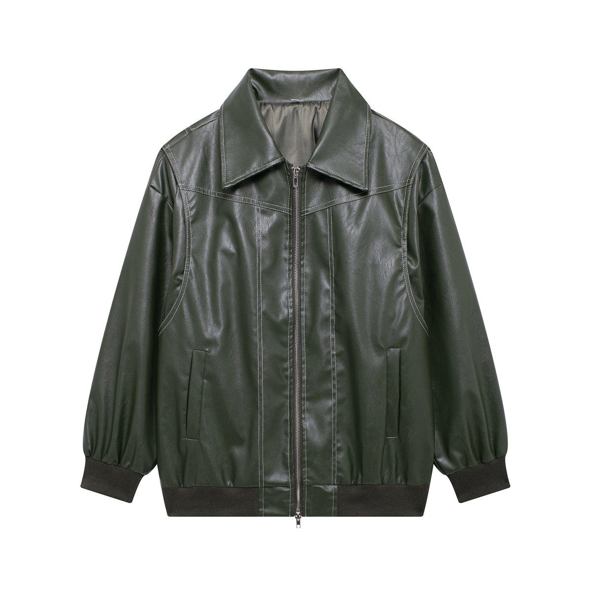 Women's Elegant Faux Leather Jacket with High Collar and Elastic Cuffs