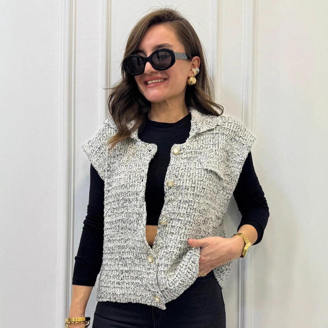 Women's Sleeveless Textured Jacket with Button Details