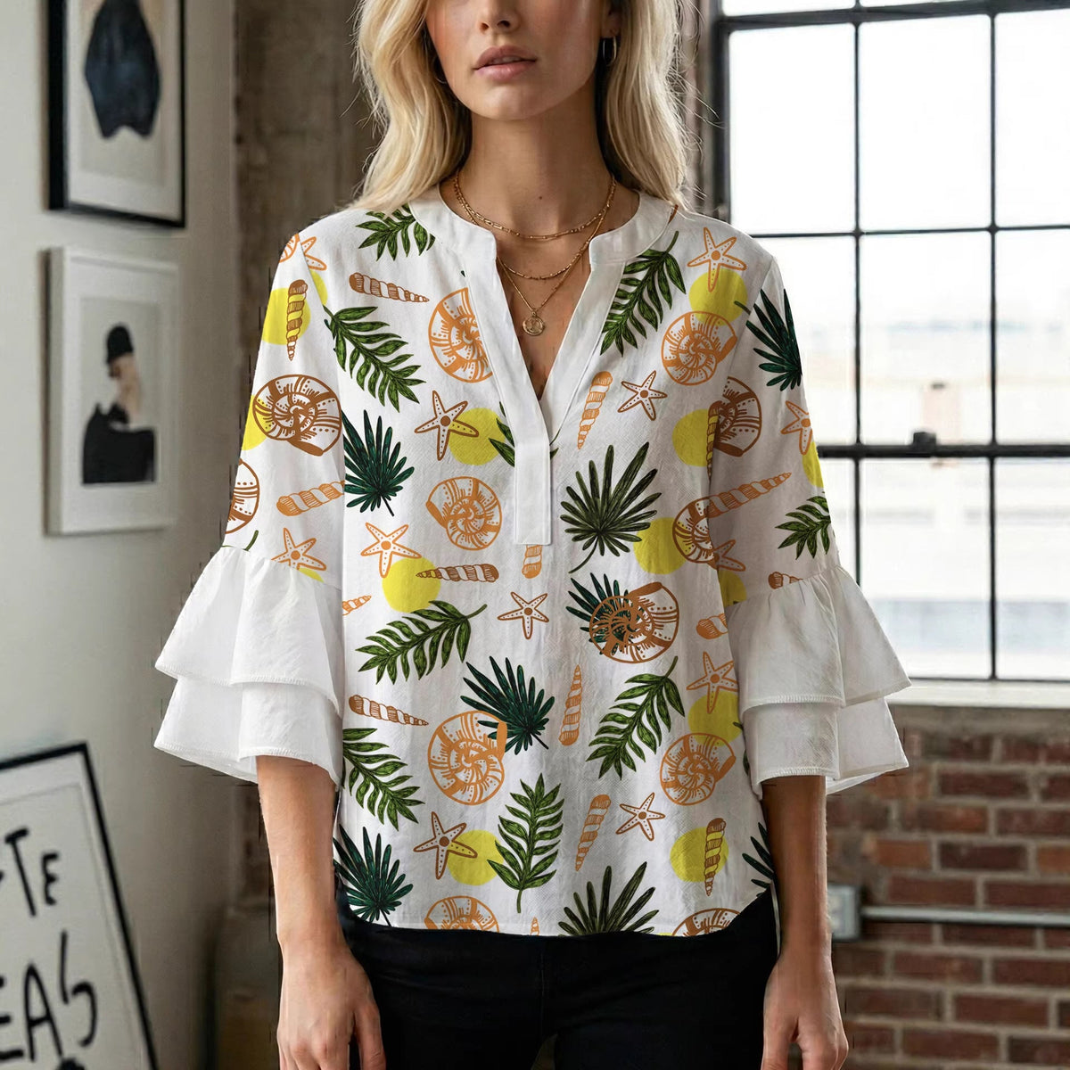 Women's Blouse with Voluminous Ruffle Sleeves and Modern Print