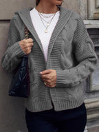 Women's Chunky Knit Cardigan with Hood and Cable Knit Pattern