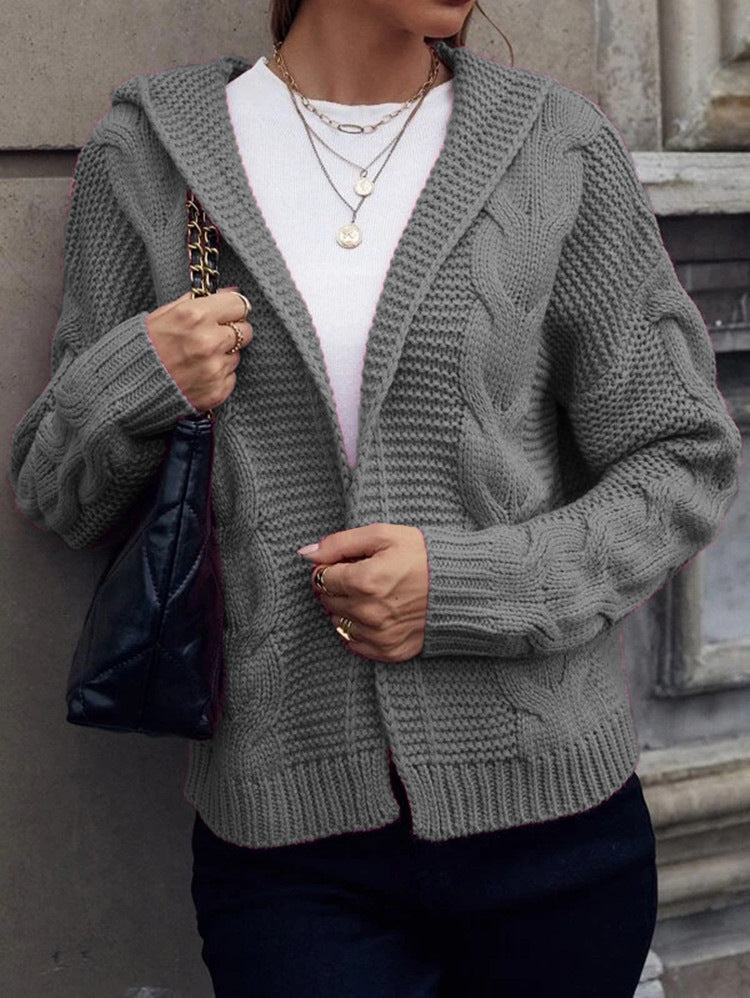 Women's Chunky Knit Cardigan with Hood and Cable Knit Pattern