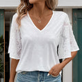 Women's Elegant V-Neck Blouse Shirt with Floral Lace Sleeves