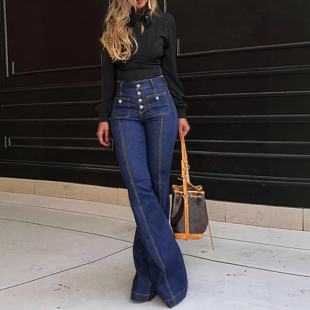 Women's Flared Jeans with High Waist and Button Details