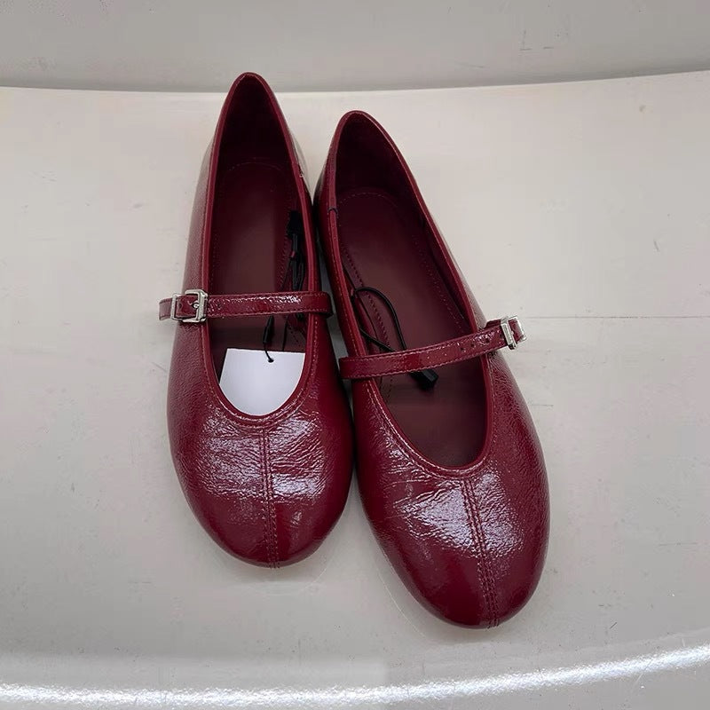 Women's Glossy Ballet Flats with Ankle Strap