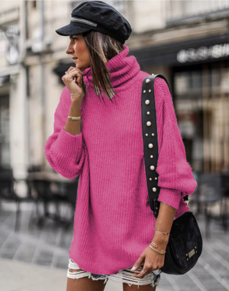 Women's Chunky Knit Sweater with High Collar and Casual Fit